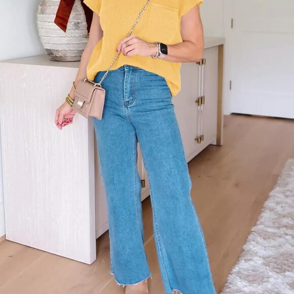 Summer Short Sleeve Sweater for Women 2025 Crew Neck Ribbed Knit Vests Trendy Pu - Picture 6 of 6